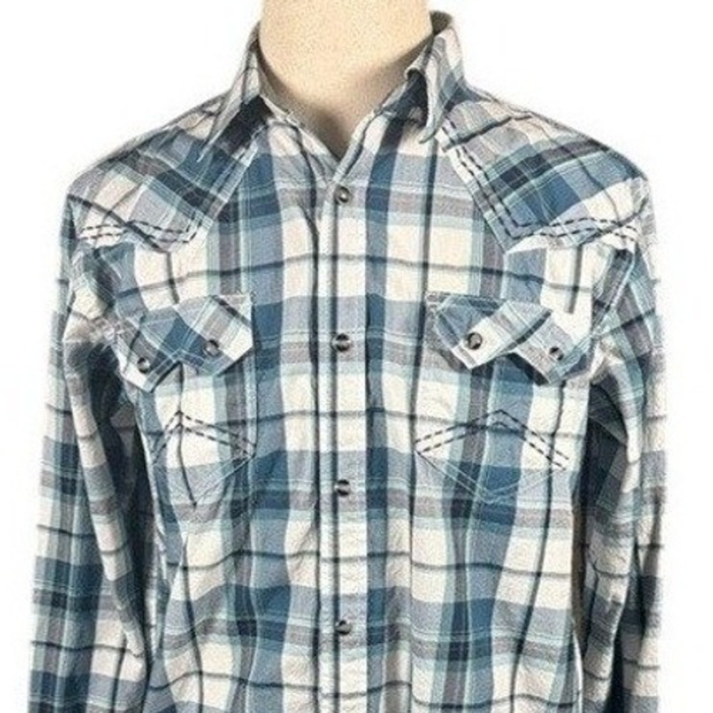 Cody James Mens Teal‎ White Plaid Western Snap Long Sleeve Shirt Large